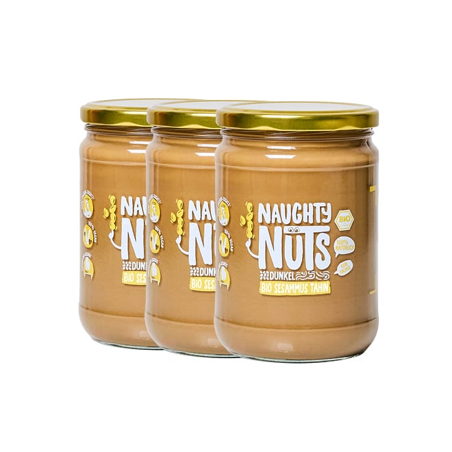 Drei Gläser Naughty Nuts Bio Sesammus Tahin dunkel, 500g