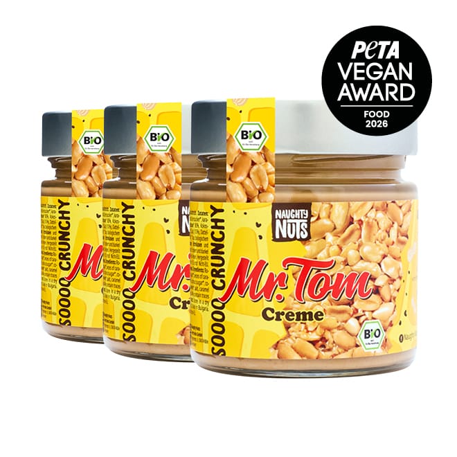 Drei Gläser Mr Tom Creme mit PETA Vegan Award Logo