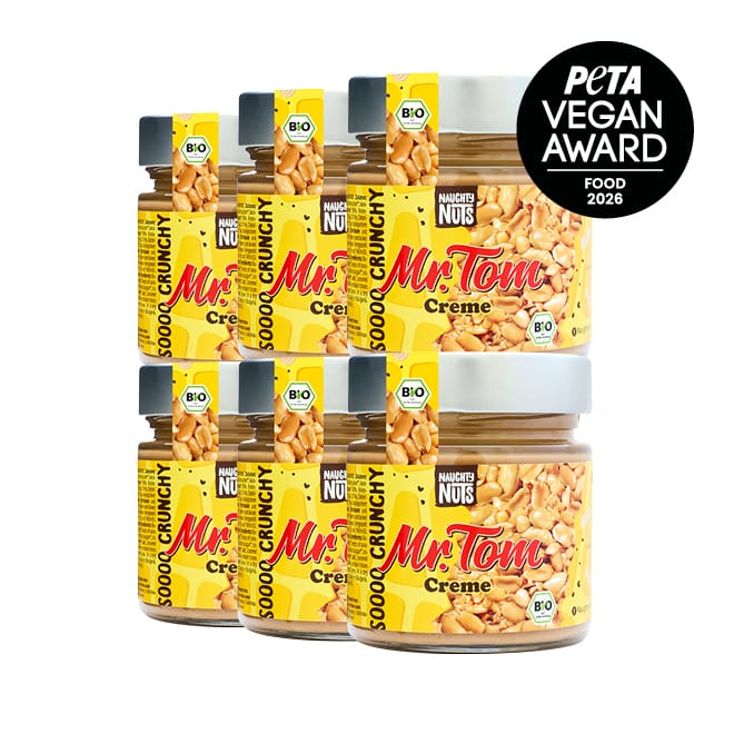 Sechs Gläser Mr Tom Creme Erdnussbutter mit PETA Vegan Award Logo