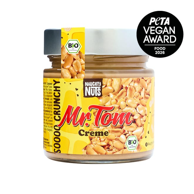 Mr Tom Creme Erdnussbutterglas mit PETA Vegan Award und Bio-Siegel