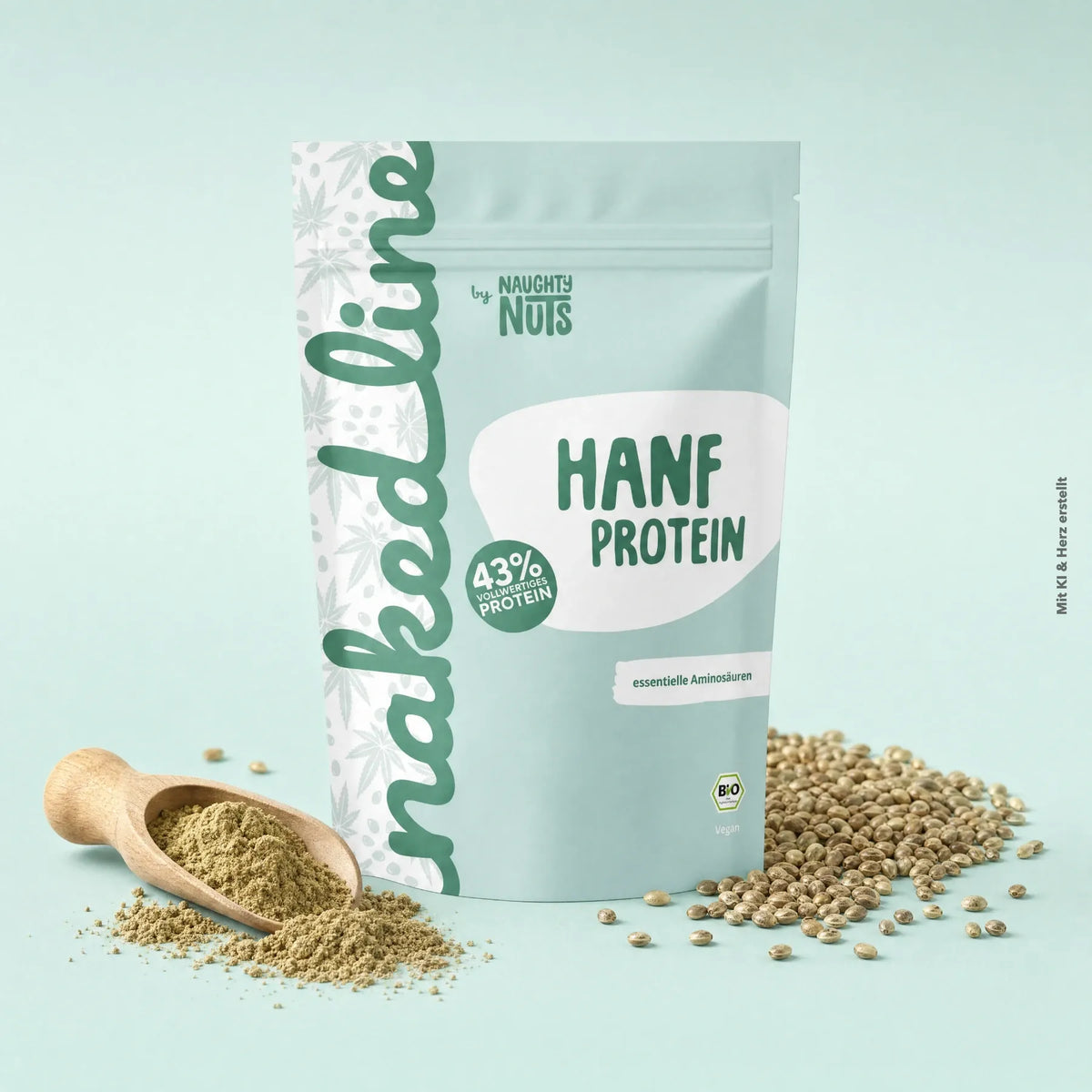 Verpackung von Hanf Protein mit Holzlöffel und Hanfsamen auf hellblauem Hintergrund