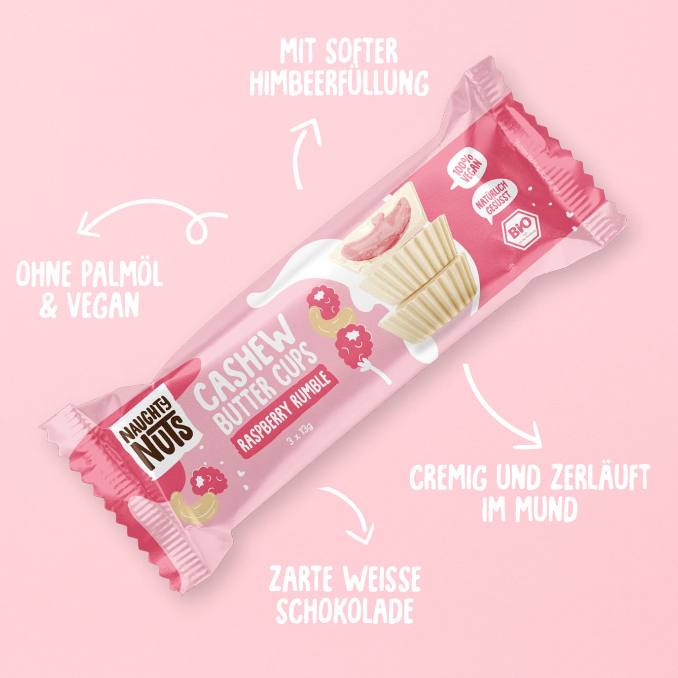 Naughty Nuts Cashew Butter Cups Himbeer-Rumble Packung mit Produktinformationen
