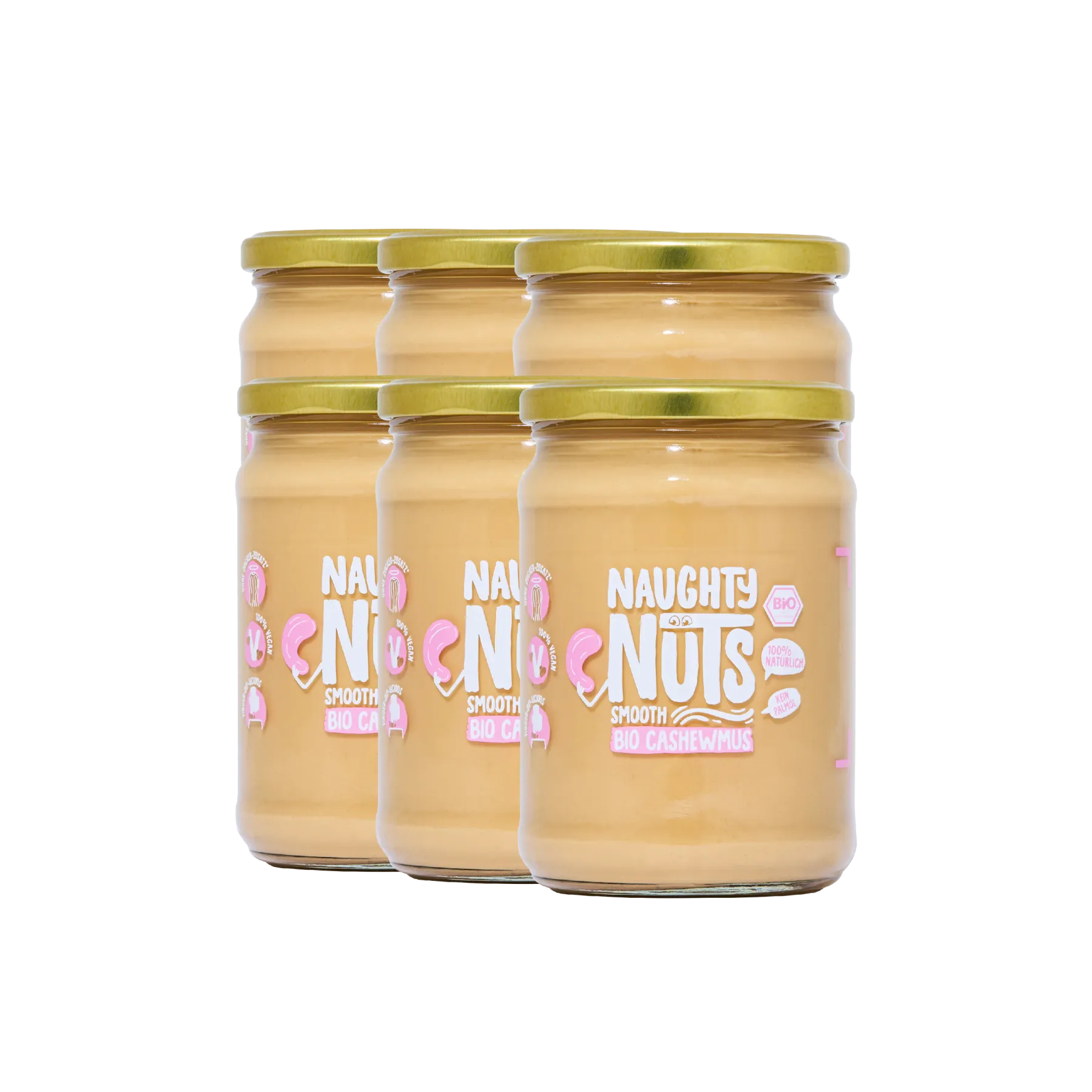 Sechs Gläser Bio Cashewmus Smooth in zwei Reihen angeordnet
