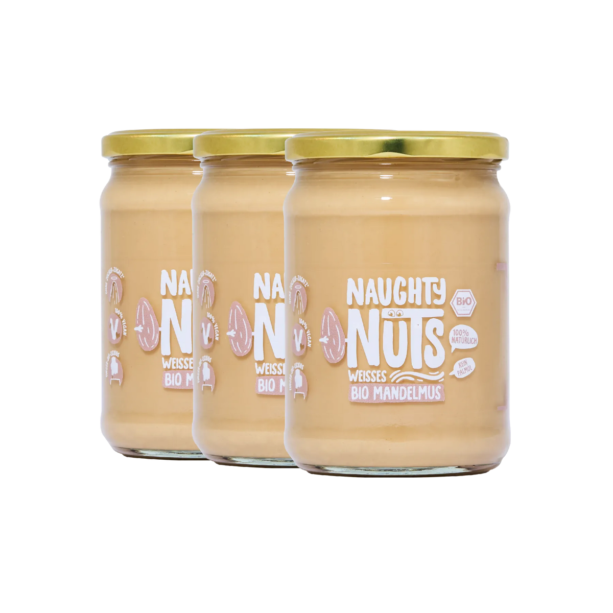 Drei Gläser Bio Weißes Mandelmus von Naughty Nuts mit goldenem Deckel