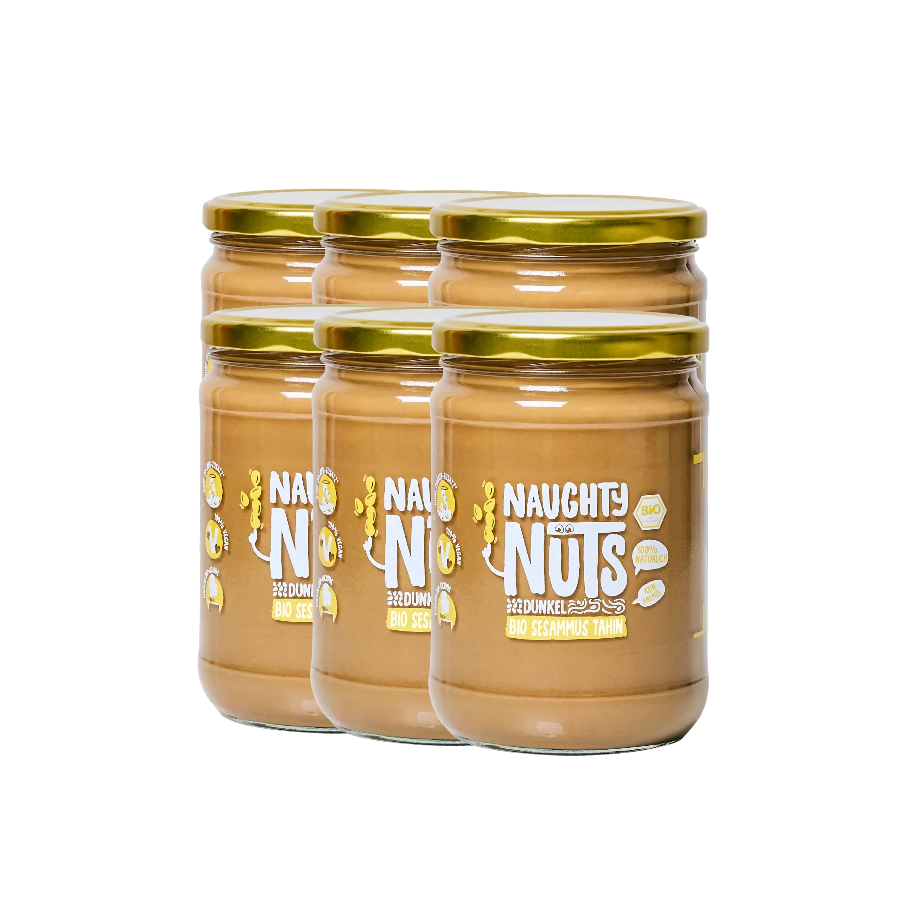 Sechs Gläser Bio Sesammus Tahin dunkel von Naughty Nuts