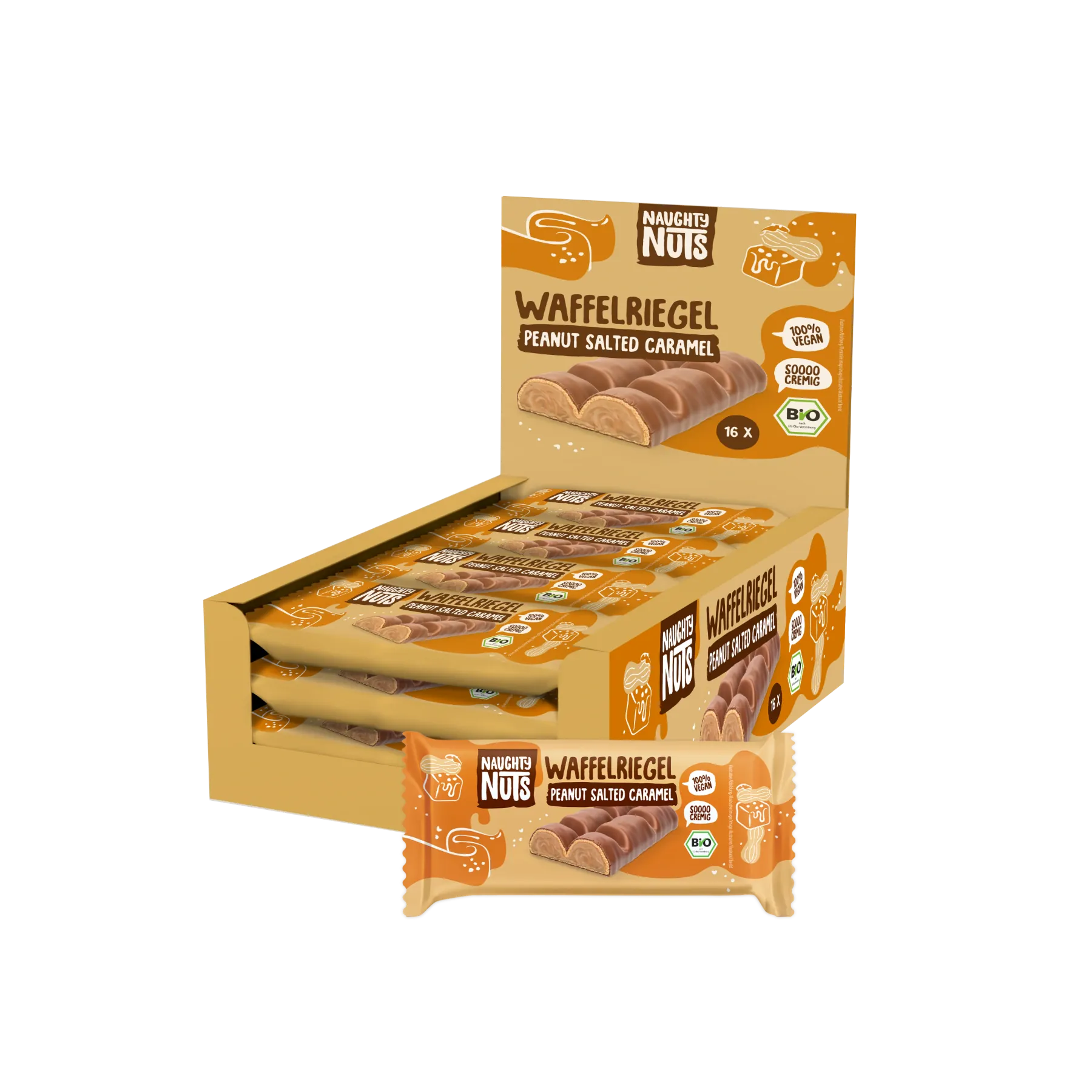 Verkaufsdisplay mit 16 Bio Waffelriegeln Peanut Salted Caramel
